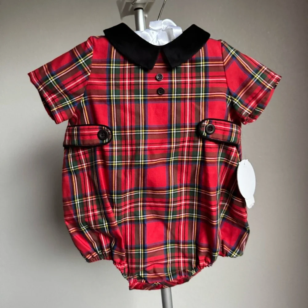NWT Edgehill Collection Baby Short Sleeve Velvet Collar Plaid Holiday Romper 9M